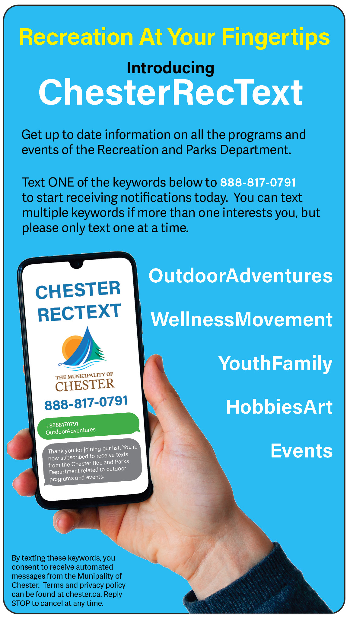 Chester Rec Text poster with a hand holding a cell phone and a number to call to get updates on programs.