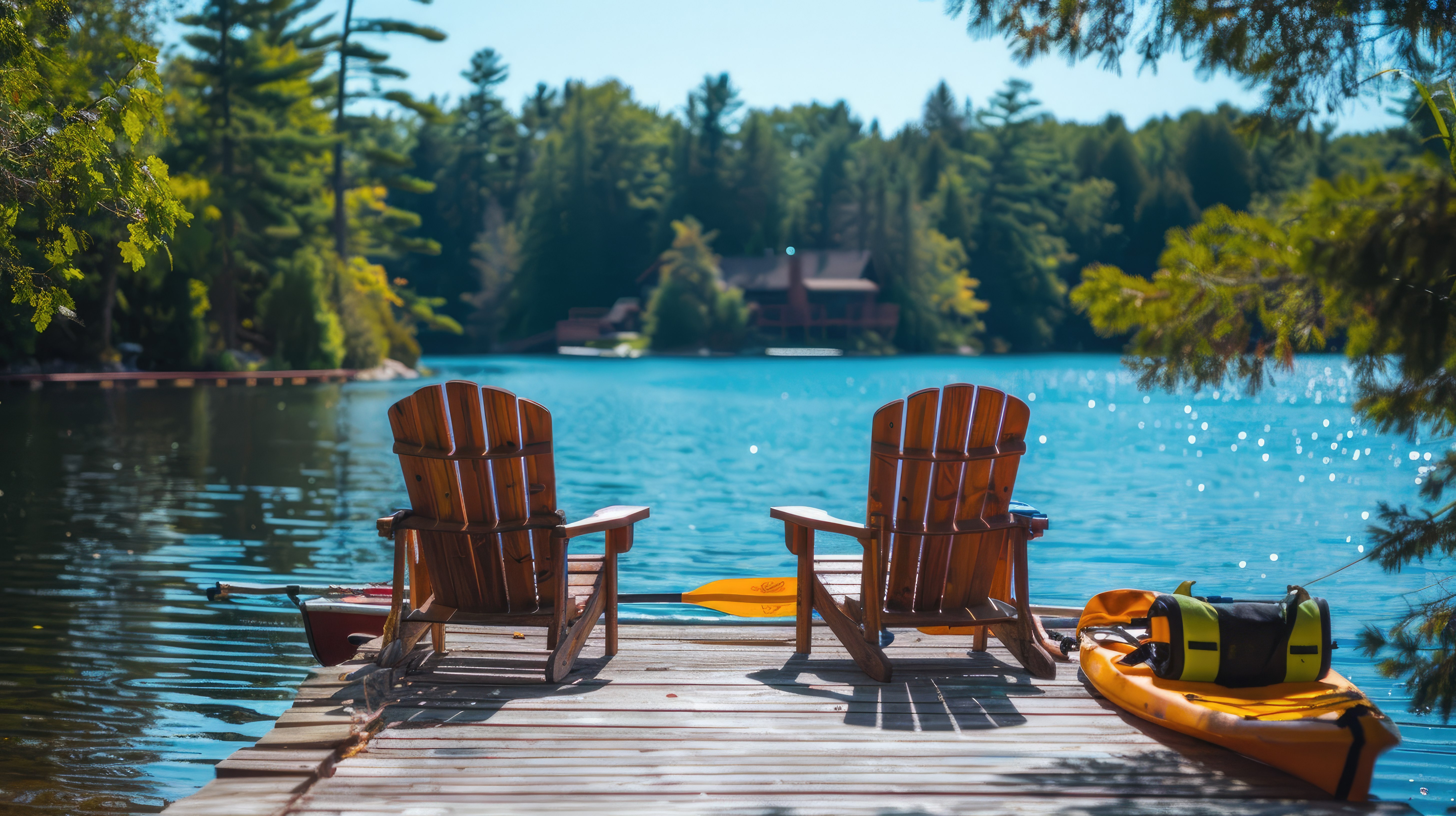 Adirondack chairs on the end of a wharf overlooking a forested lake.