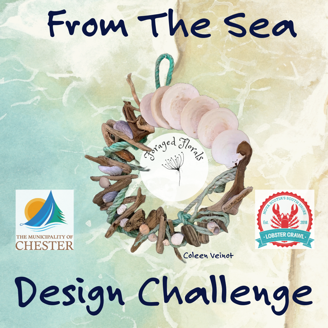 Image of circular wreath made from driftwood, sand dollars, and rope with a beach background. Includes the logo of Lobster Crawl, Foraged Florals, and the Municipality of Chester.