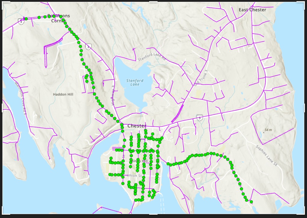 map of a portion of the Municipality of Chester with green dots indicating where trees will be trimmed