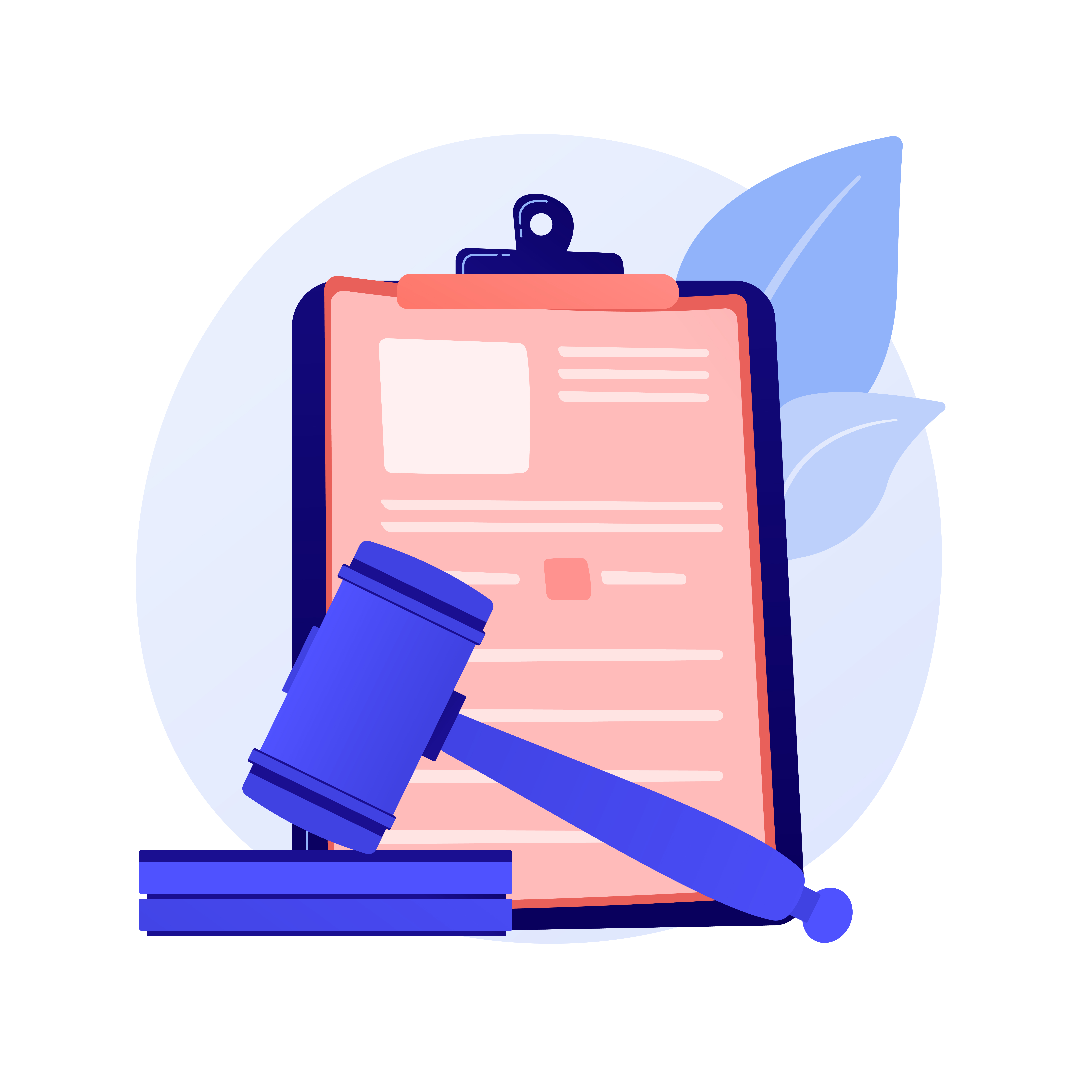 Clipboard with gavel in front of it.