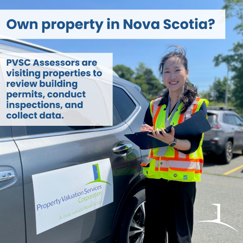 person beside a car with a clipboard with words, "Own property in Nova Scotia?" above and beside words that are in the body of the post below.