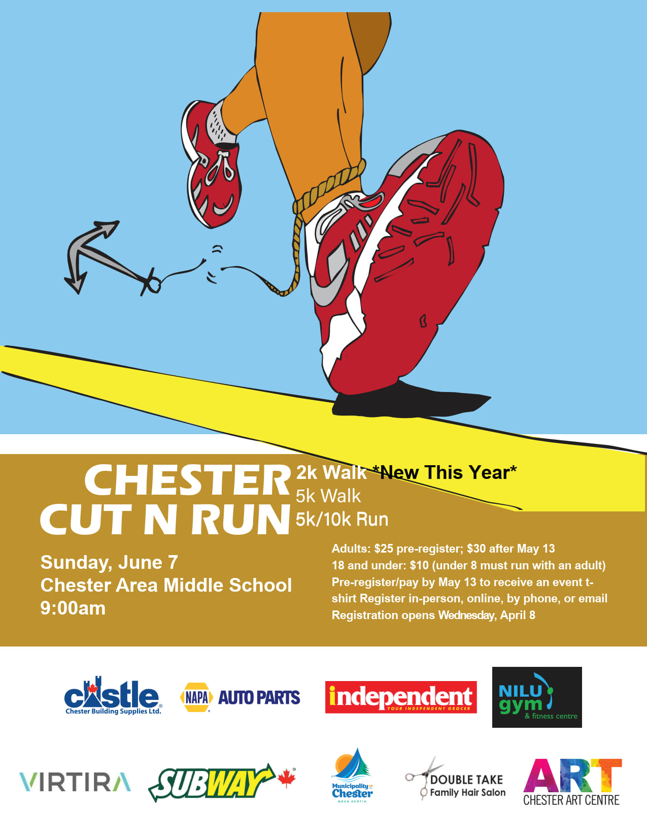 Image sneakers with rope & anchor. Text in body of poster.