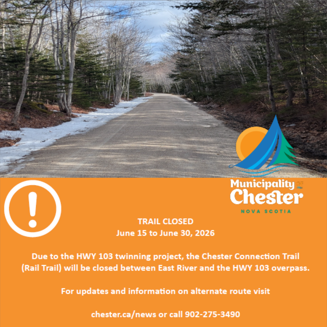Image shows a portion of the Chester Connection Trail with the municipal logo and trail closure notice