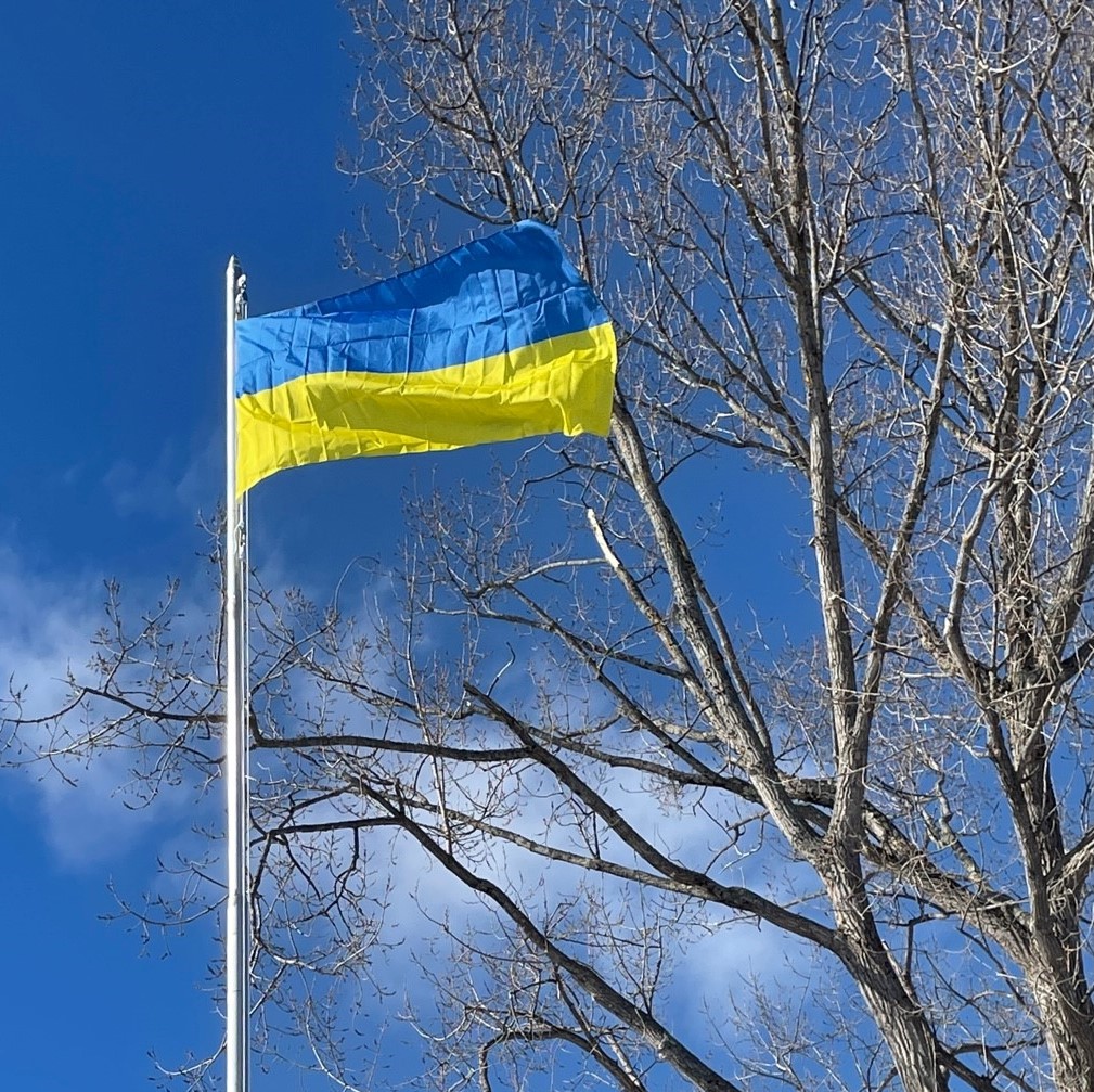 Ukraine flag flies in wind