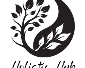 Logo with Holistic Hub in italic script under and ying and yang sign in black and white with a tree