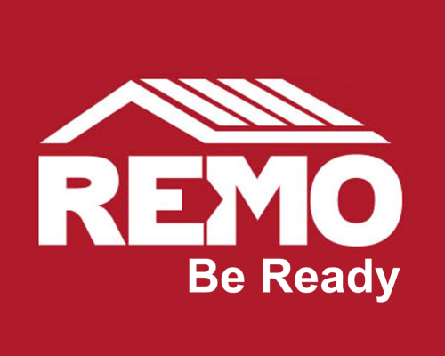 Regional Emergency Management Organization (REMO) in white lettering with "Be Ready" below it on a dark red background