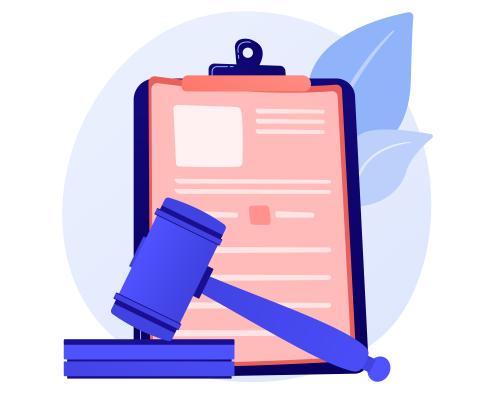 Clipboard with gavel in front of it.