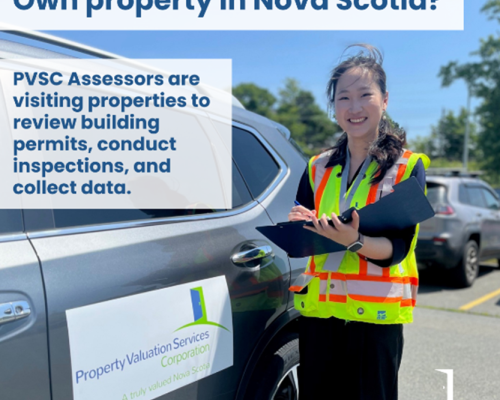 person beside a car with a clipboard with words, "Own property in Nova Scotia?" above and beside words that are in the body of the post below.