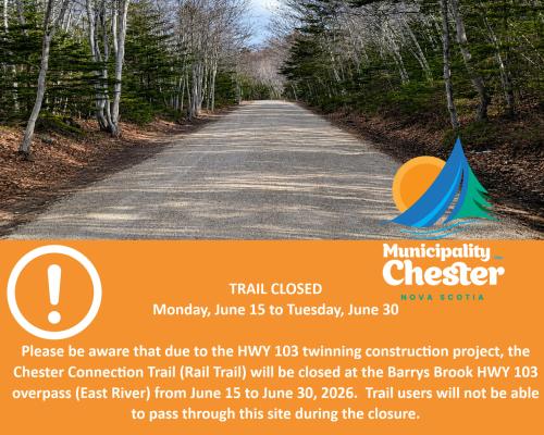 Image shows a portion of the Chester Connection Trail with the municipal logo and trail closure notice