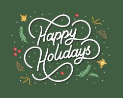 "Happy Holidays" on green background surrounded by boughs and stars