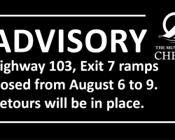 The image is an advisory notice from the Municipality of Chester. It states: "Highway 103, Exit 7 ramps closed from August 6 to 9. Detours will be in place." The notice features a bold "ADVISORY" header and includes the municipality's logo. The background is black and all text is in white.