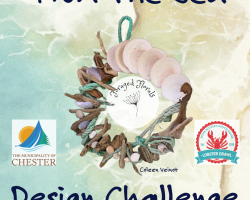 Image of circular wreath made from driftwood, sand dollars, and rope with a beach background. Includes the logo of Lobster Crawl, Foraged Florals, and the Municipality of Chester.