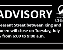 ADVISORY: Pleasant Street between King and Queen will close on Tuesday, July 15 from 6:00 to 9:00 a.m.