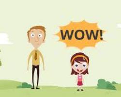 A man and a girl are side by side outdoors. Above the girl's head is a speech bubble that says "WOW!"