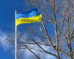 Ukraine flag flies in wind